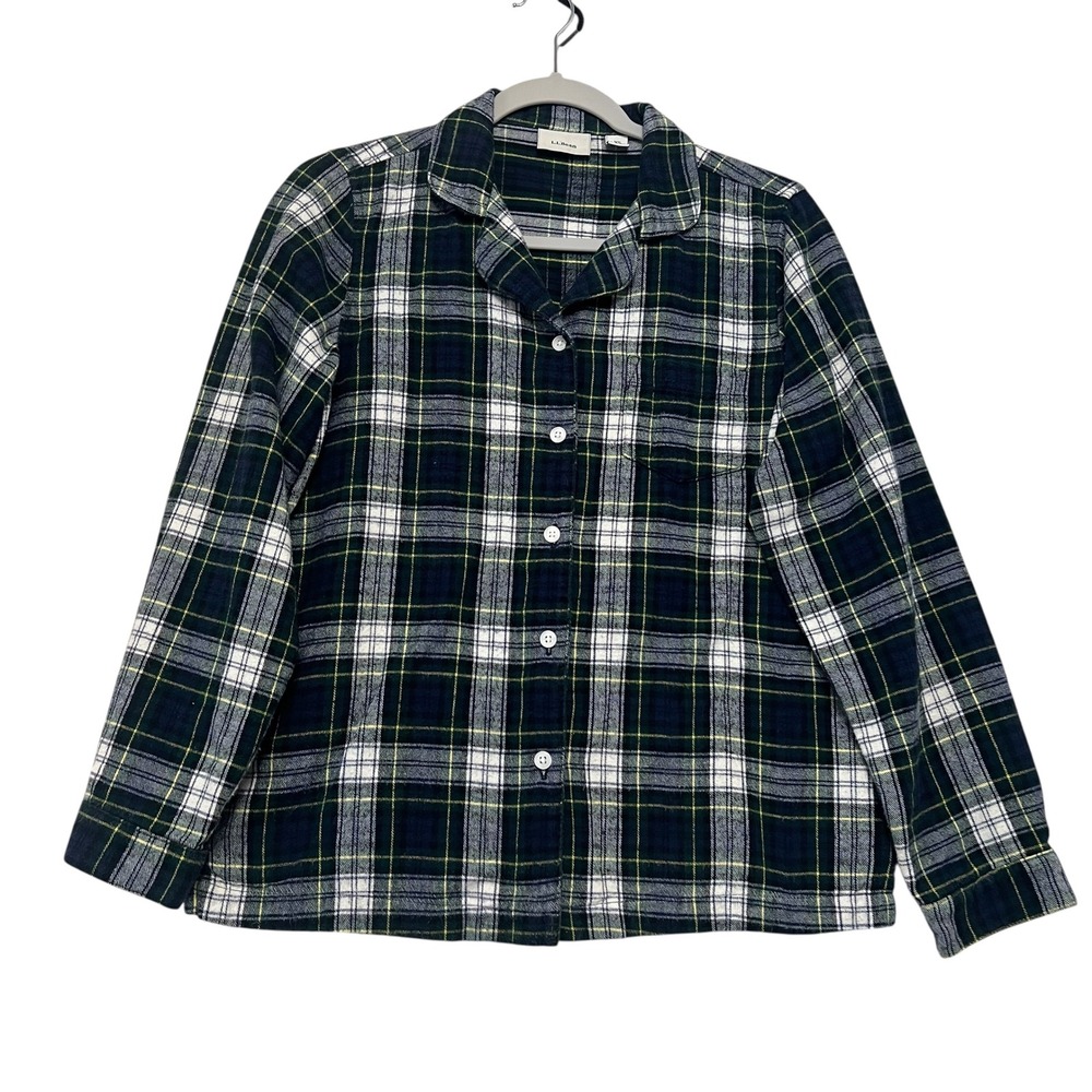 LL Bean Women XS Flannel Pajama Top Navy‎ Green Plaid Button Front Cotton Cozy